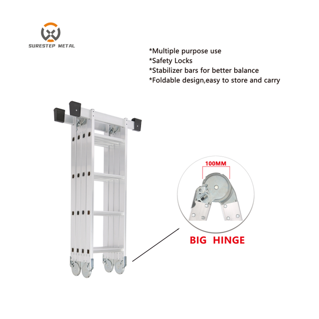 Big Hinge Aluminum Folding Ladder Industrial Design Adjustable EN 131 Standard 300 Lbs Multi-Purpose Ladder for Home Outdoor Use